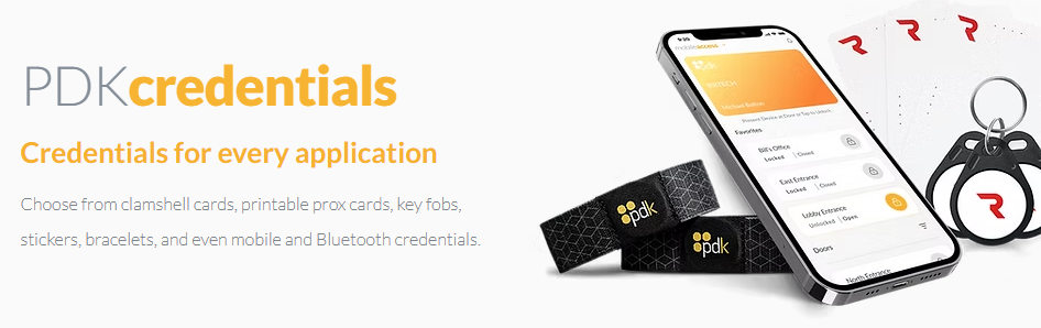PDK access control credentials including cards, key fobs and mobile credentials