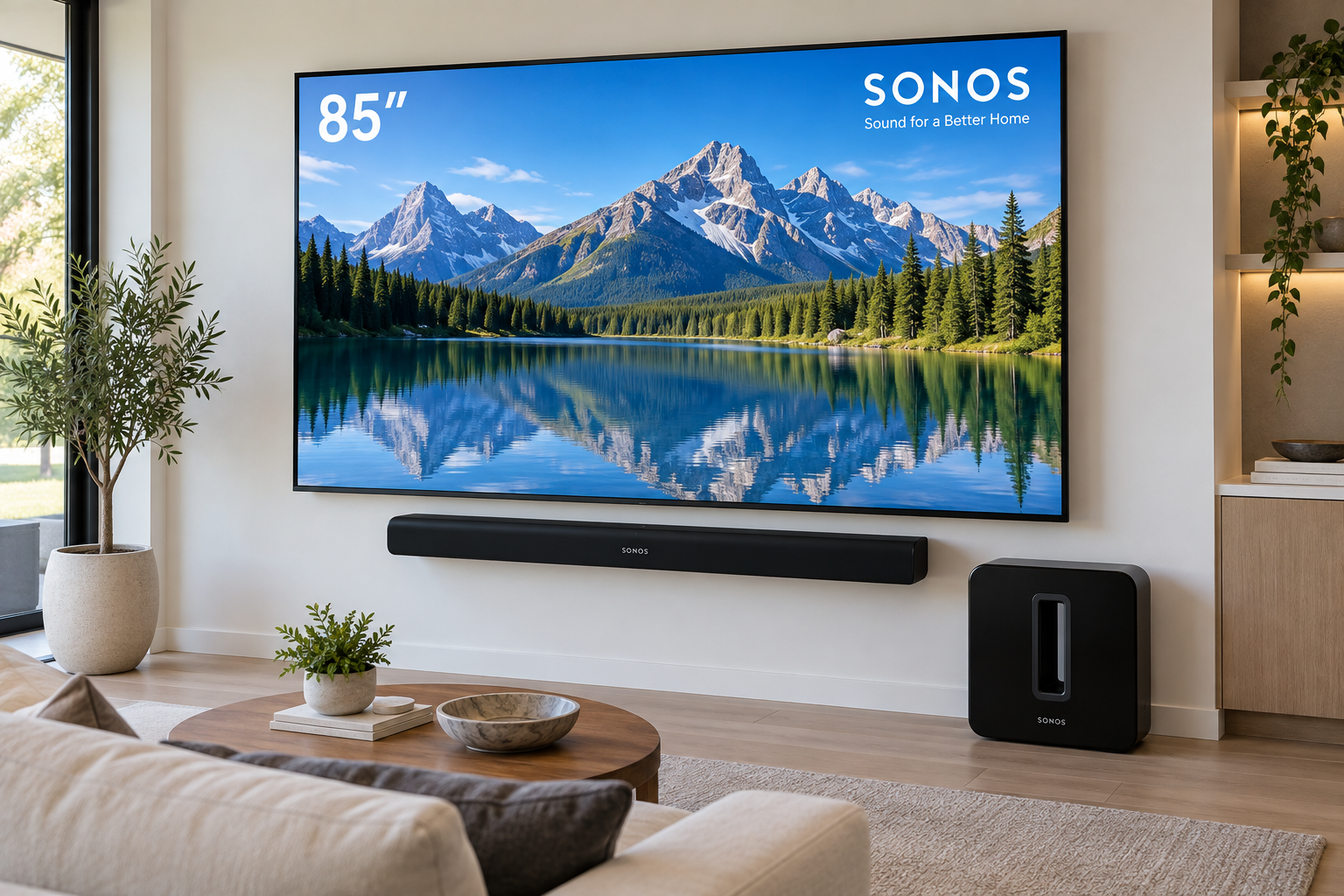 Bright living room with 85-inch TV, Sonos Arc soundbar and Sonos Sub